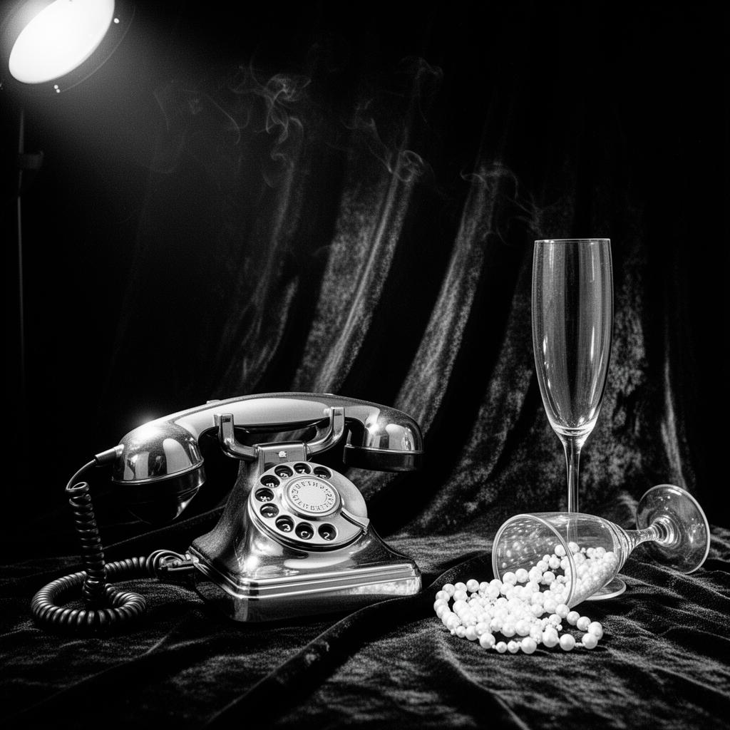 Silver rotary phone, champagne coupe, and pearls on dark velvet. The hotline that never picks up.
